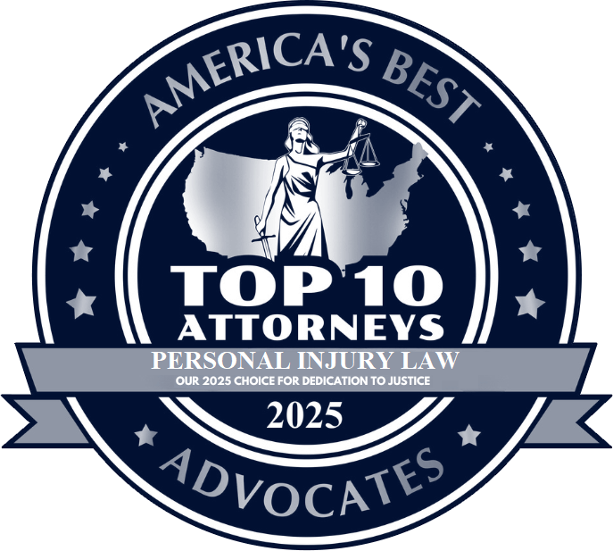 Seal: America's Best Top 10 Attorneys, Personal Injury Law, Advocates 2025.