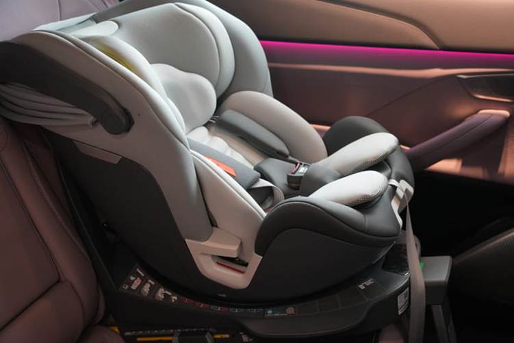 A car seat installed inside a vehicle.